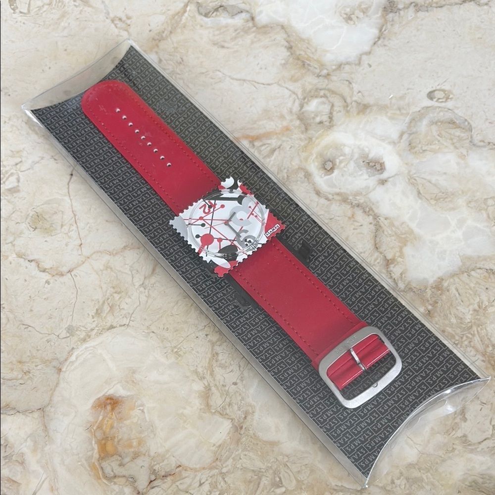 NEW! STAMPS Red Strap Oversized Square Funky Abstract Multicolour Watch in Box